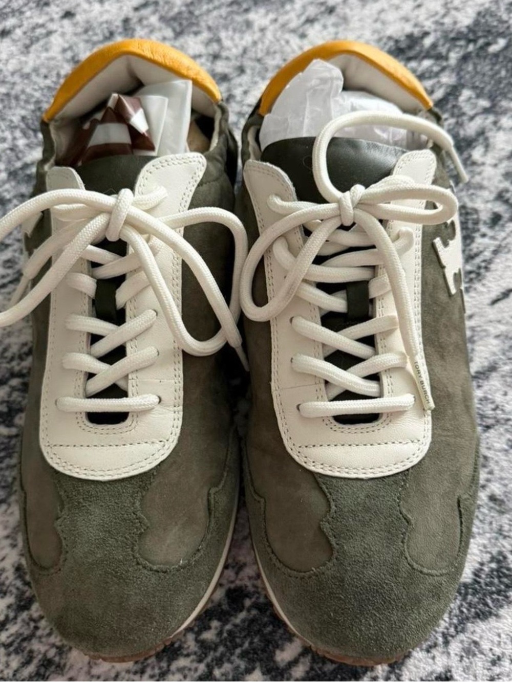 Olive Green Suede Casual Sneakers with White Trim